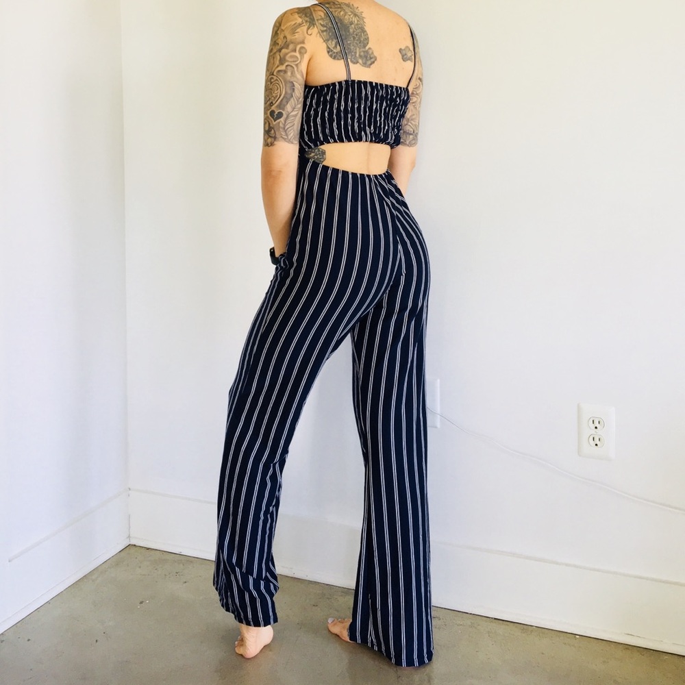 JUMPSUIT Navy Wide Leg Striped Open Back Tie Bow - Picture 2 of 8